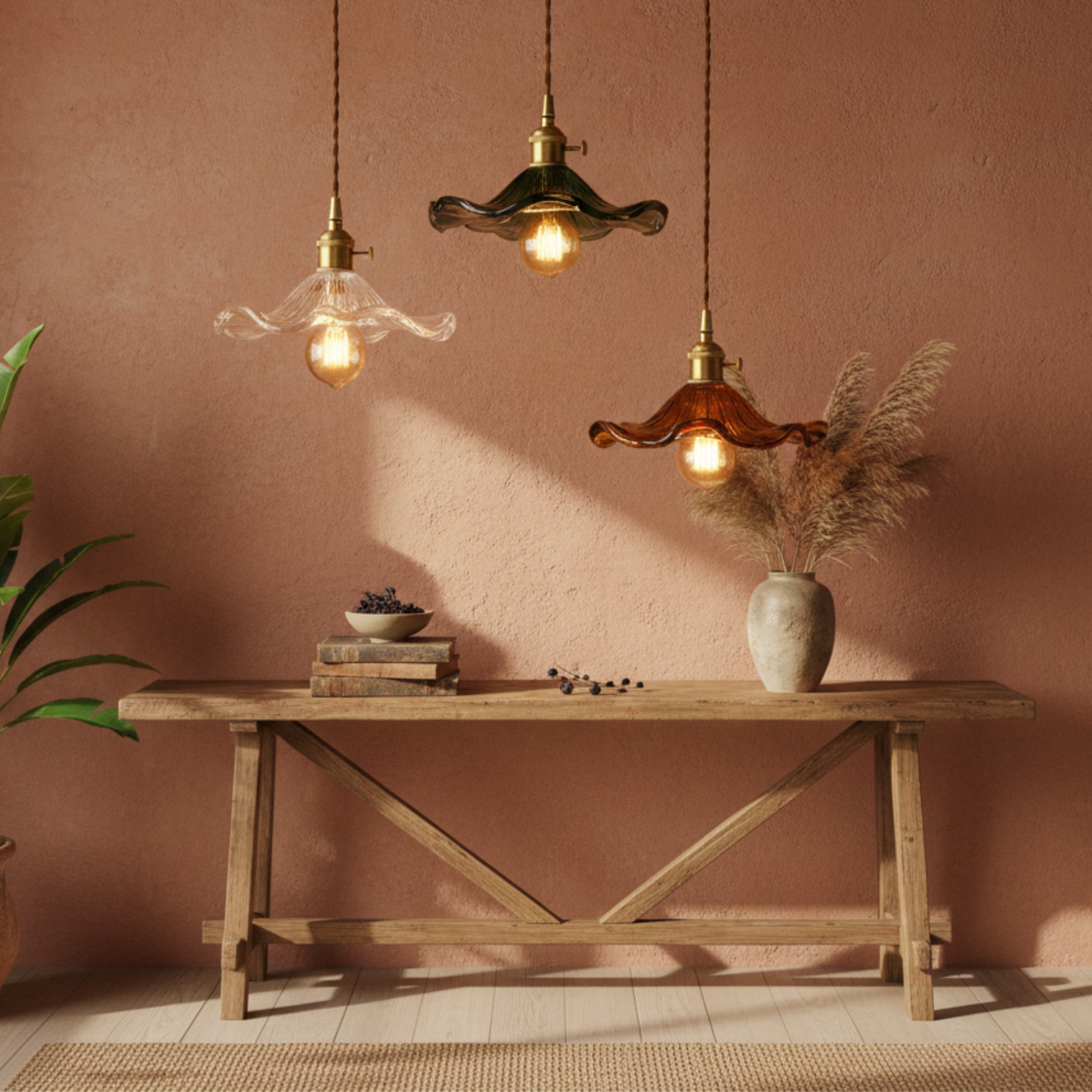 Vintage szklana lampa wisząca z miedzianym akcentem