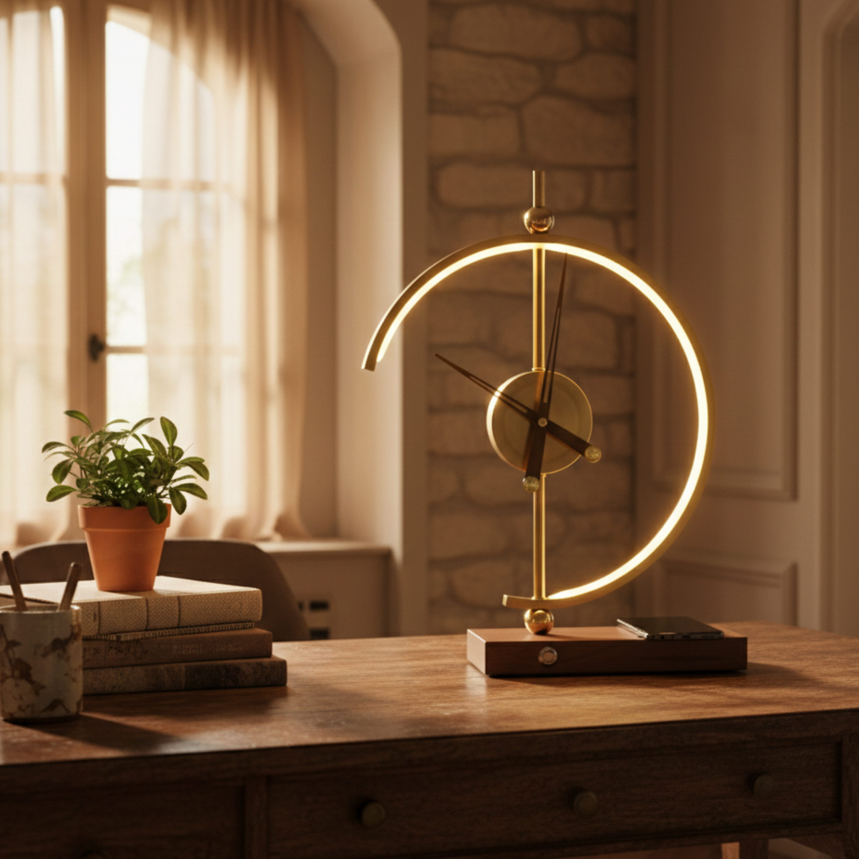 Lampa stołowa z zegarem i bezprzewodową stacją ładowania