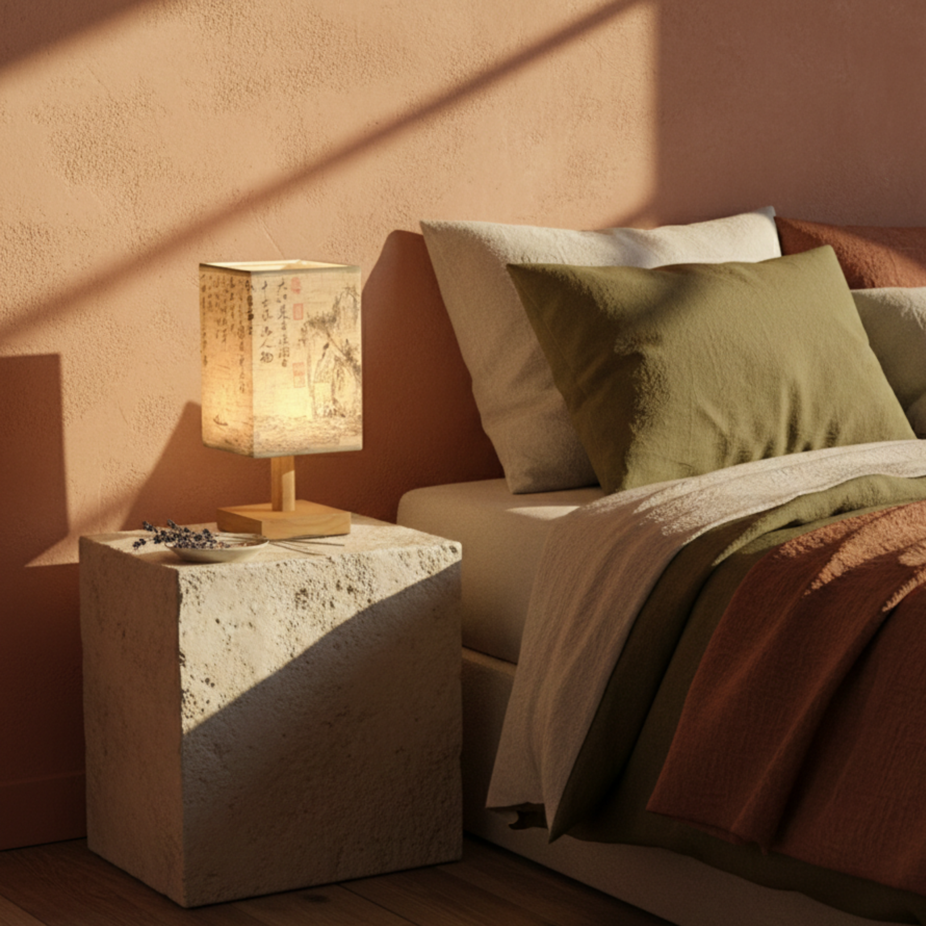 Lampa nocna LED z tkaniny z drewnem i lnem