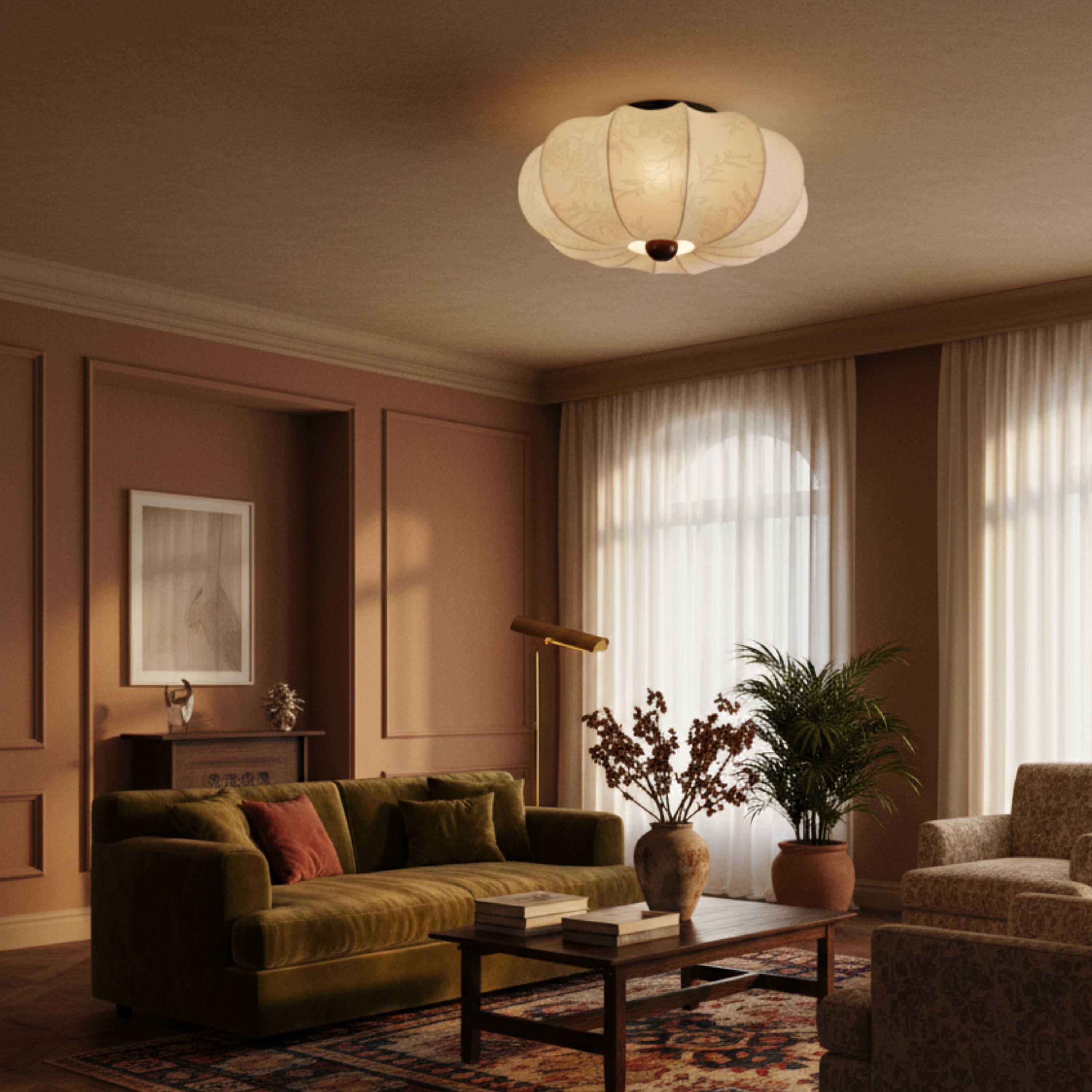 Sufitowa lampa z tekstylnym kloszem i drewnianą ramą