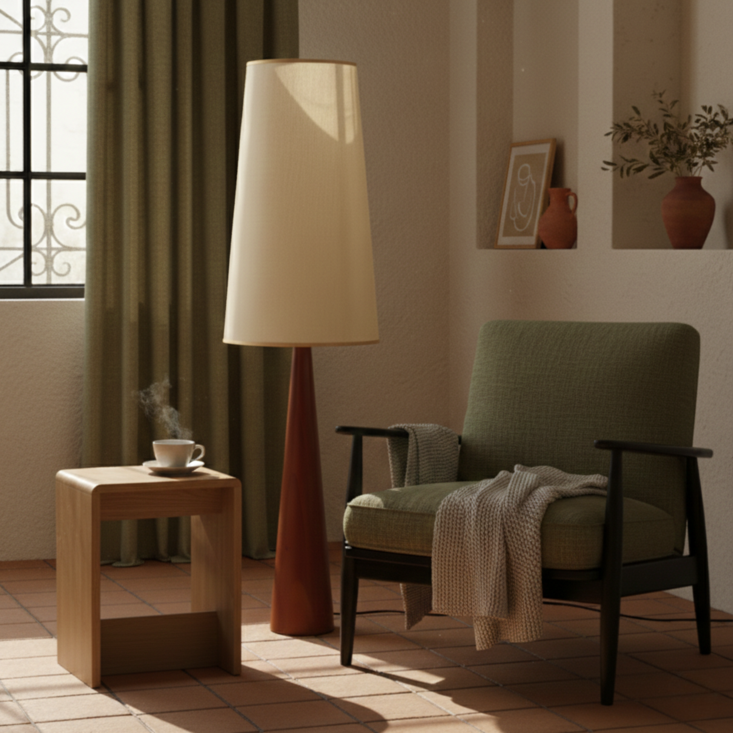 Drewniana lampa podłogowa do wnętrz w stylu vintage