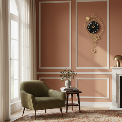 Złoty zegar ścienny z wahadłem