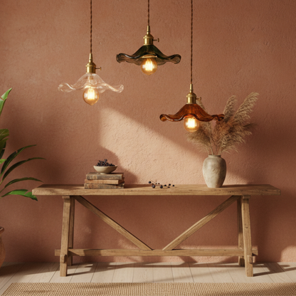 Vintage szklana lampa wisząca z miedzianym akcentem