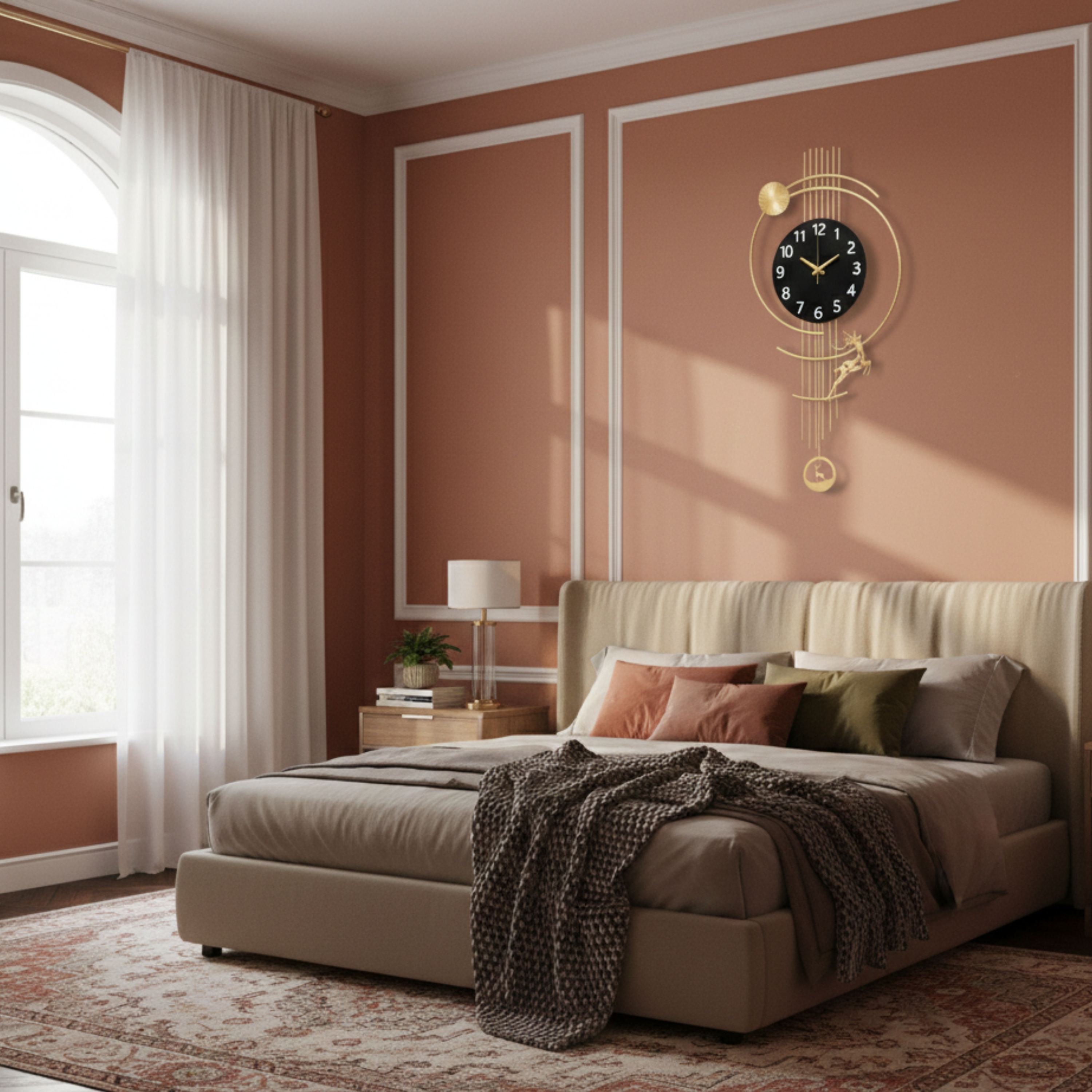 Złoty zegar ścienny z wahadłem