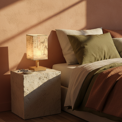 Lampa nocna LED z tkaniny z drewnem i lnem